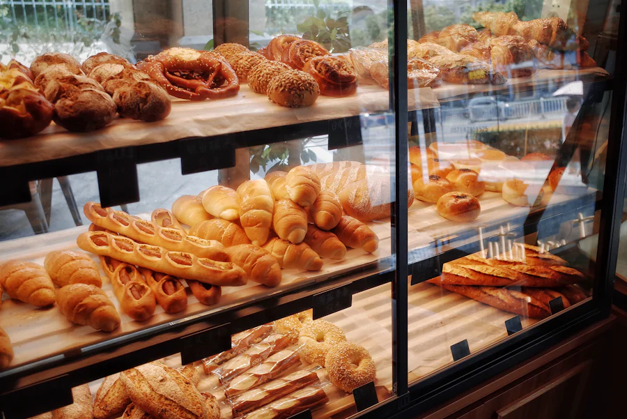 A bakery counter full of fresh bread