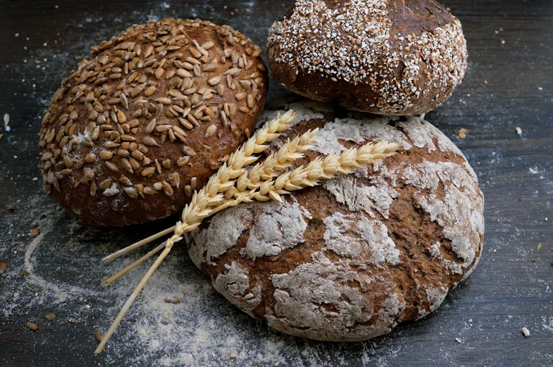 Two round sourdough loaves and wheat on a dark table