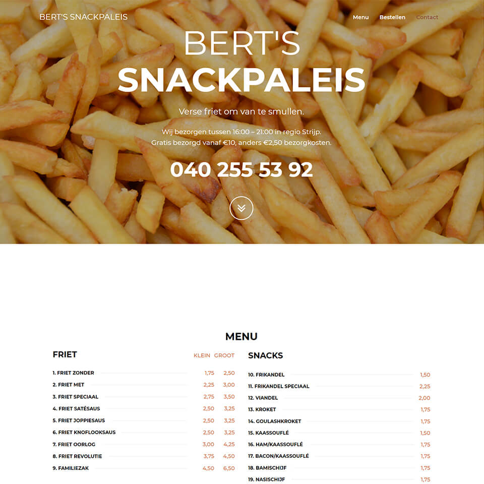 Een online menukaart in WordPress met Elementor Pro voor Bert's Snackpaleis